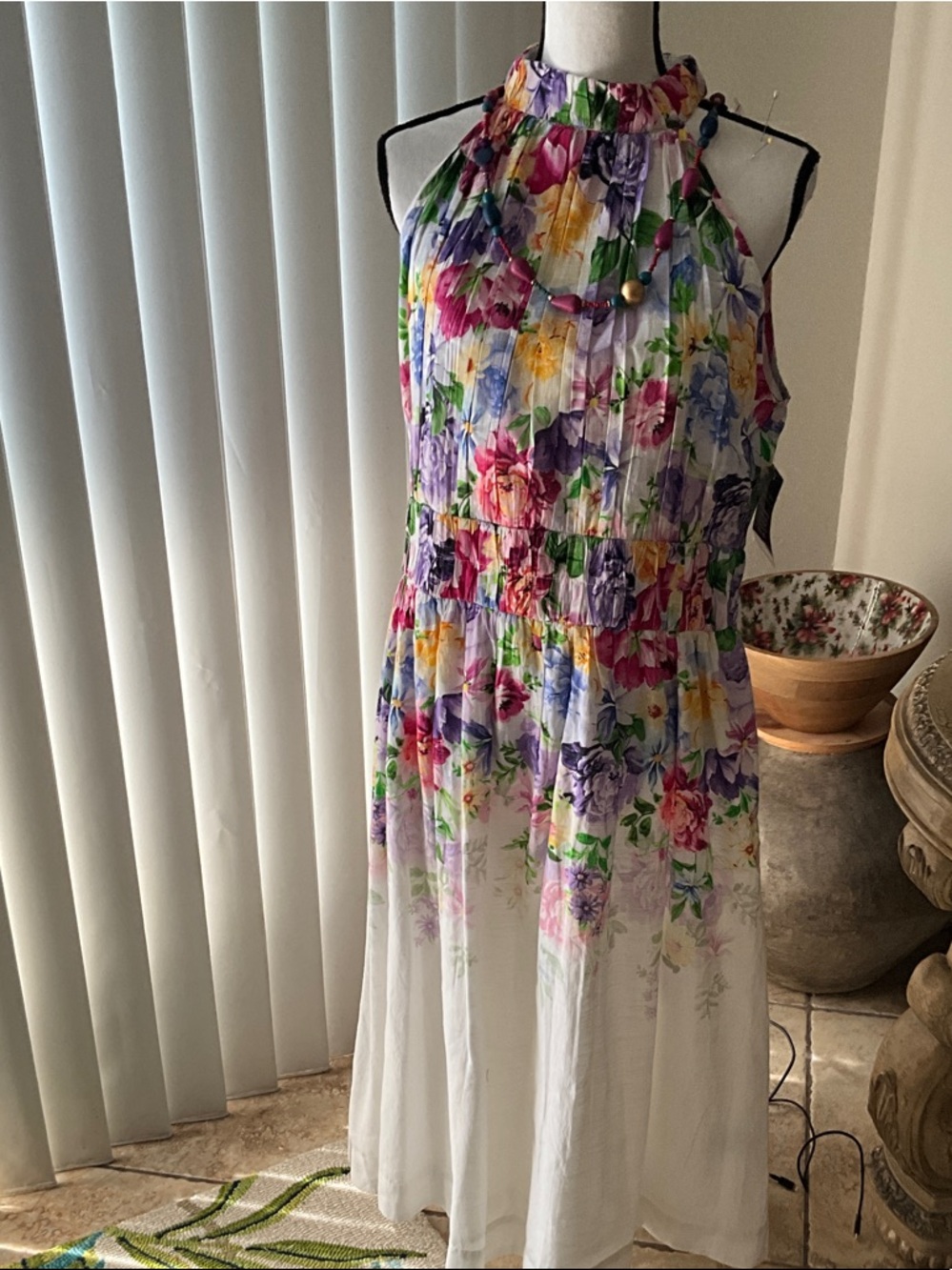 Floral Halter Midi Dress in White with Multi-Color Blooms